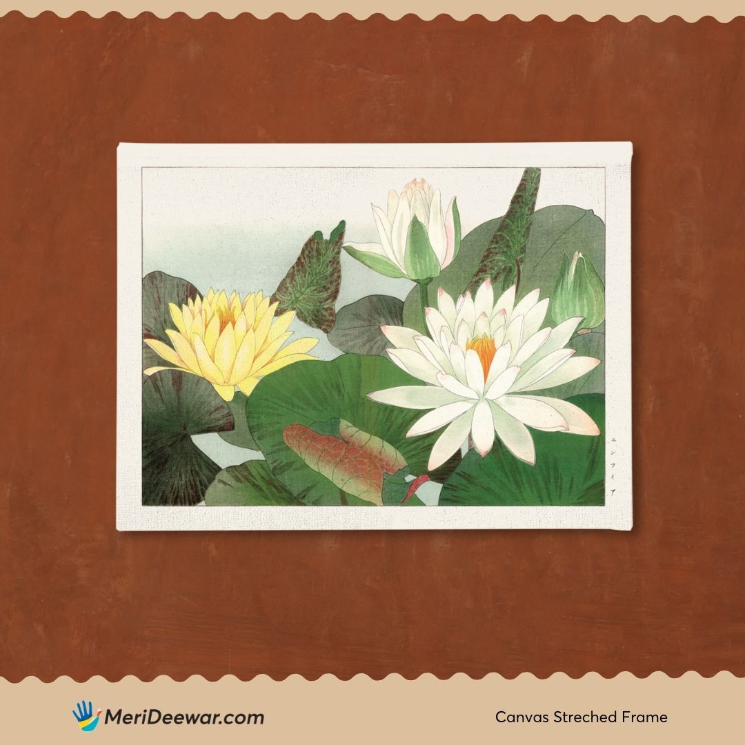 Vintage Japanese Lotus Flower Yellow Painting 3 : 4 Horizontal New Premium Wall Art Canvas by MeriDeewar
