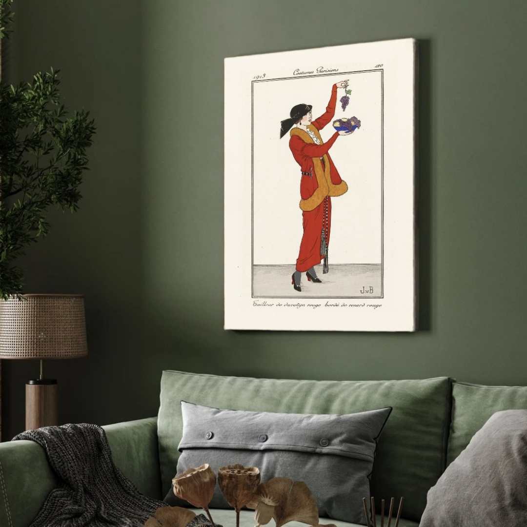 Vintage Journal des Dames et des Modes "Costumes Parisiens" 1913 Fashion Illustration Poster | Vertical Retro White Framed Wall Art 2 : 3 Vertical Premium Wall Art Canvas by MeriDeewar