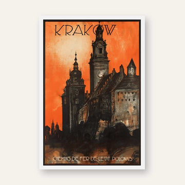 Vintage "Krakow" Polish Railways Travel Poster | Vertical Retro Gothic Architecture White Framed Wall Art 2 : 3 Vertical Premium Wall Art Canvas by MeriDeewar