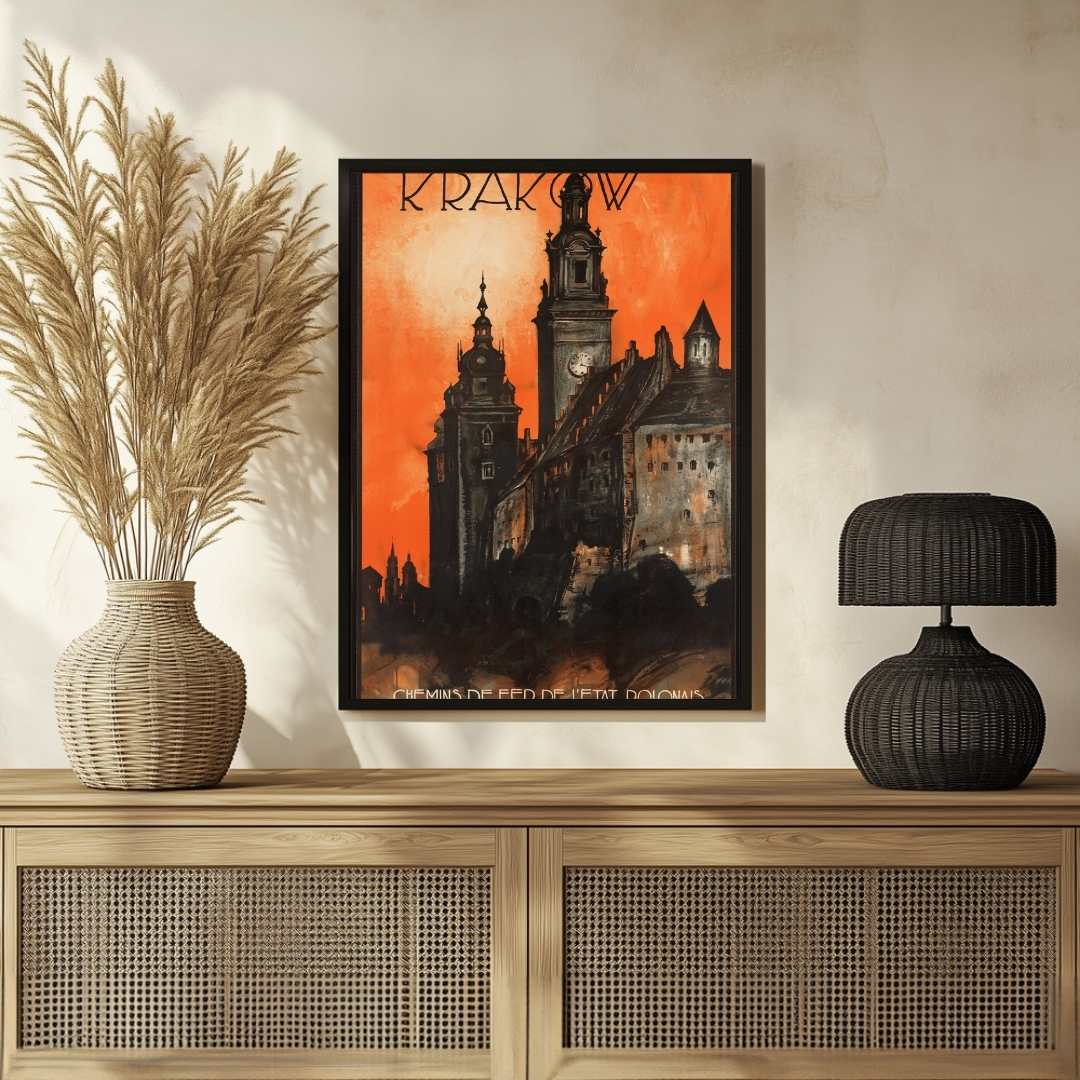 Vintage "Krakow" Polish Railways Travel Poster | Vertical Retro Gothic Architecture White Framed Wall Art 2 : 3 Vertical Premium Wall Art Canvas by MeriDeewar