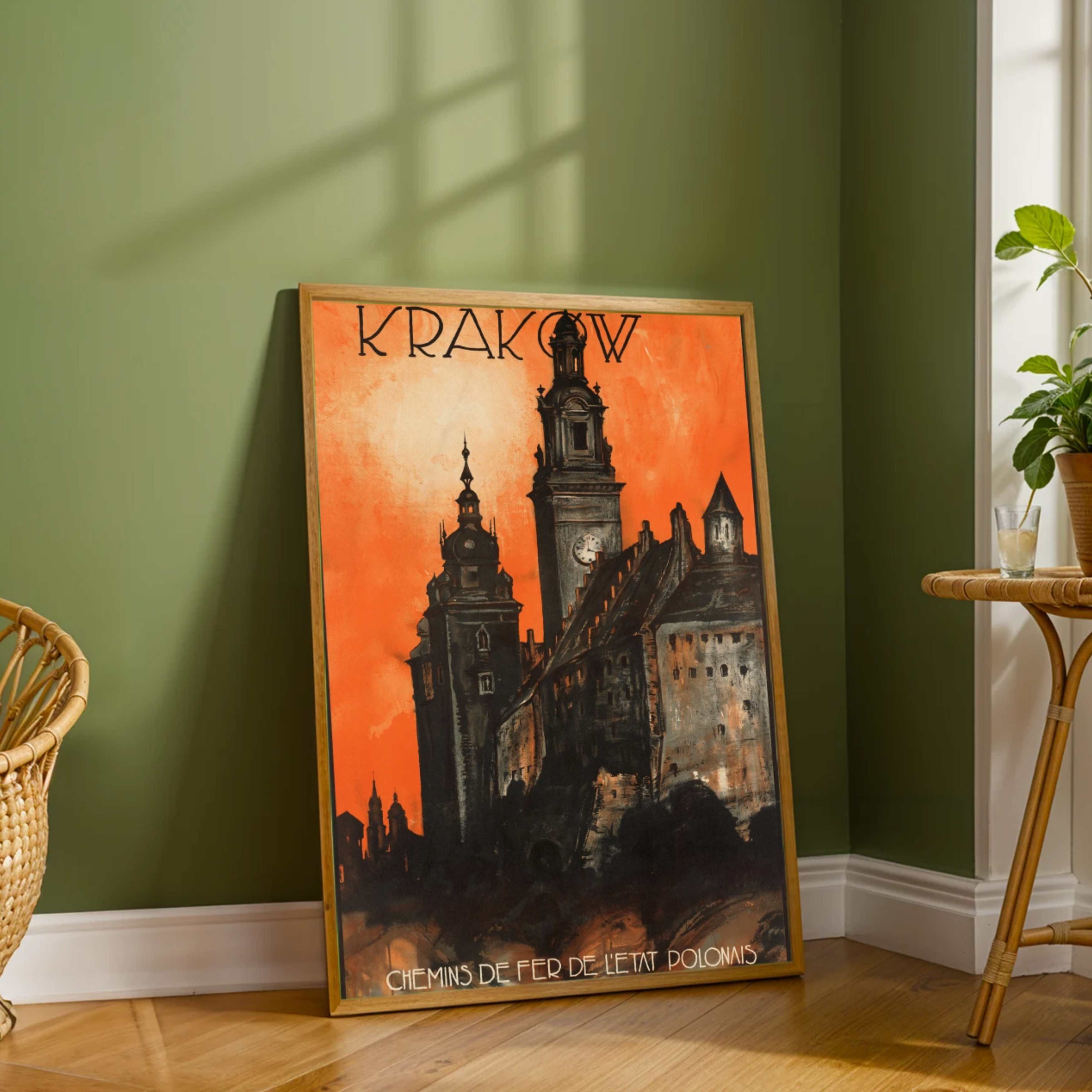 Vintage "Krakow" Polish Railways Travel Poster | Vertical Retro Gothic Architecture White Framed Wall Art 2 : 3 Vertical Premium Wall Art Canvas by MeriDeewar