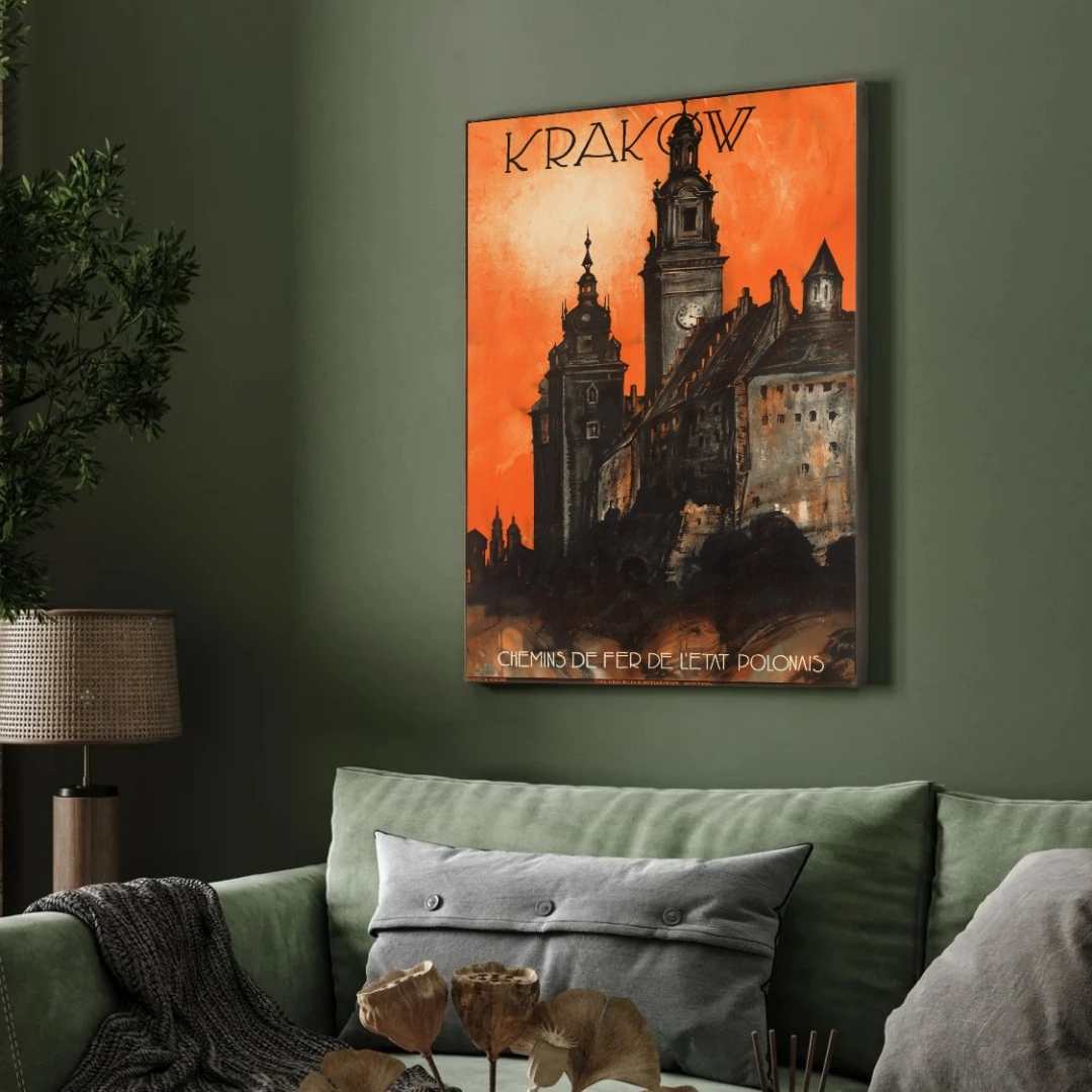 Vintage "Krakow" Polish Railways Travel Poster | Vertical Retro Gothic Architecture White Framed Wall Art 2 : 3 Vertical Premium Wall Art Canvas by MeriDeewar