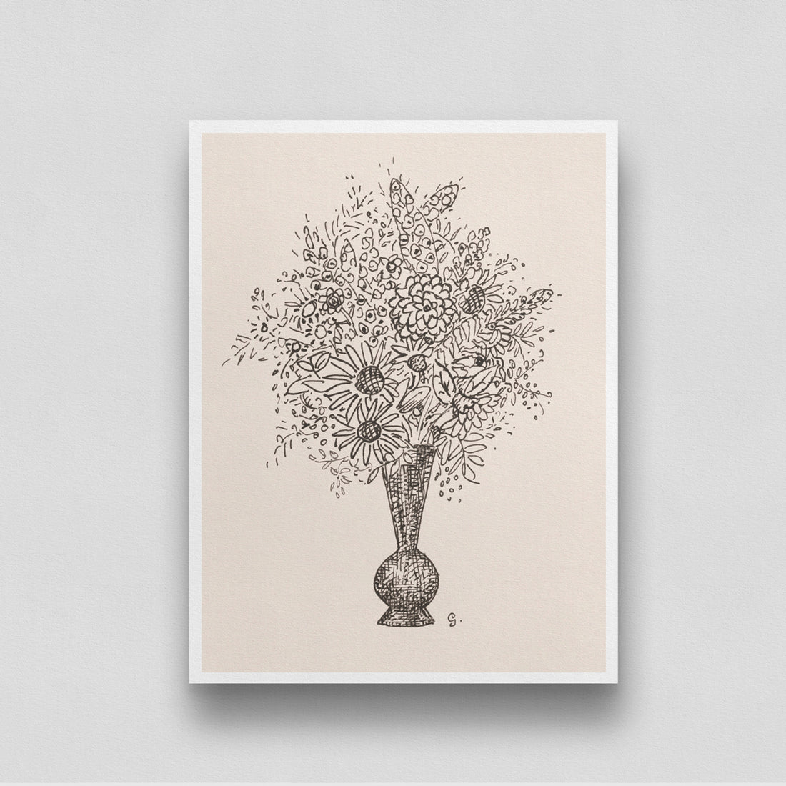 Vintage Line Flower Bouquet Sketch 3 : 4 Vertical New Premium Wall Art Canvas by MeriDeewar
