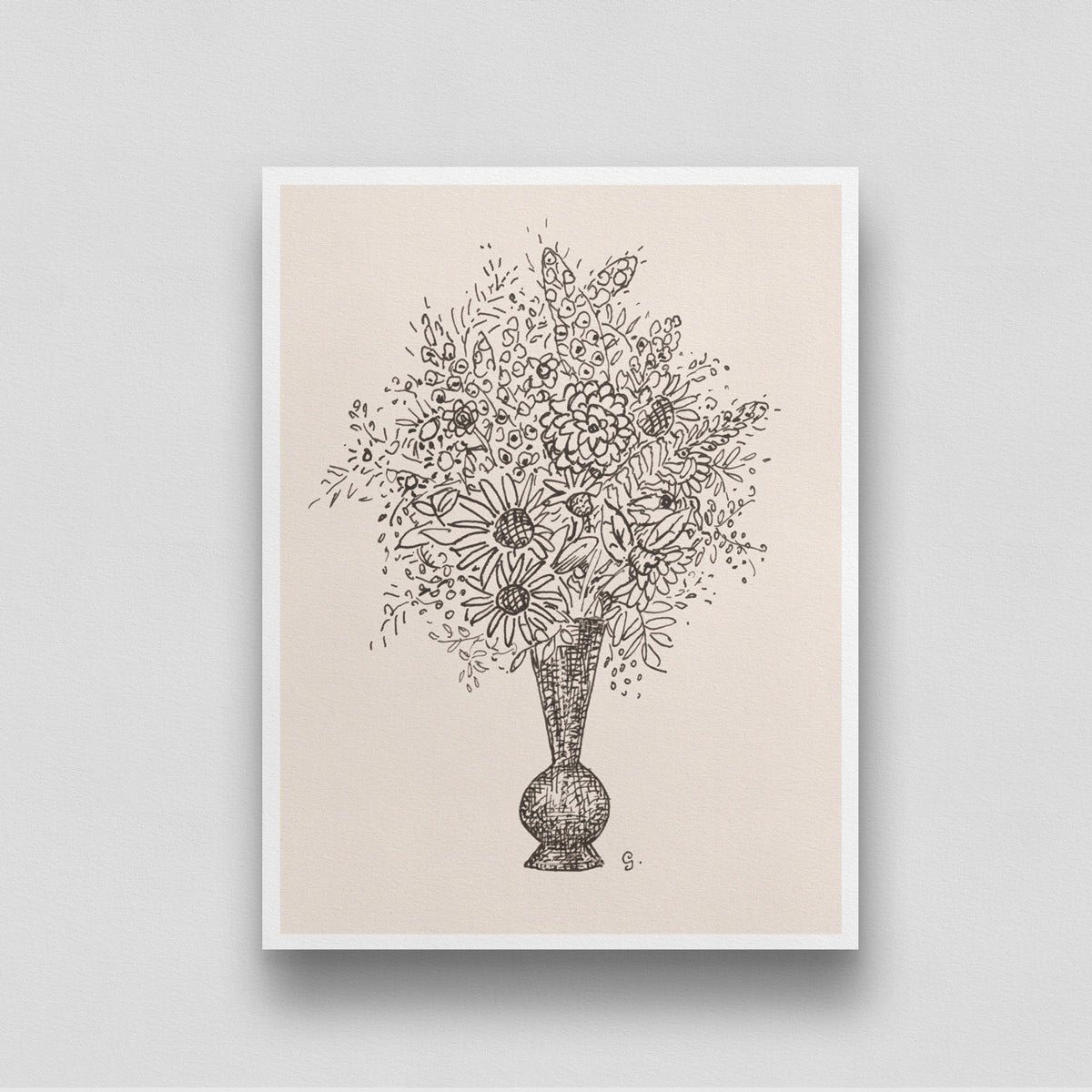 Vintage Line Flower Bouquet Sketch 3 : 4 Vertical New Premium Wall Art Canvas by MeriDeewar