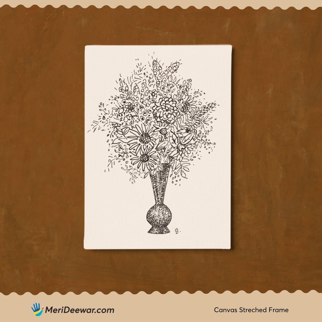 Vintage Line Flower Bouquet Sketch 3 : 4 Vertical New Premium Wall Art Canvas by MeriDeewar