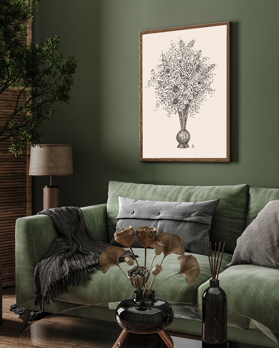 Vintage Line Flower Bouquet Sketch 3 : 4 Vertical New Premium Wall Art Canvas by MeriDeewar