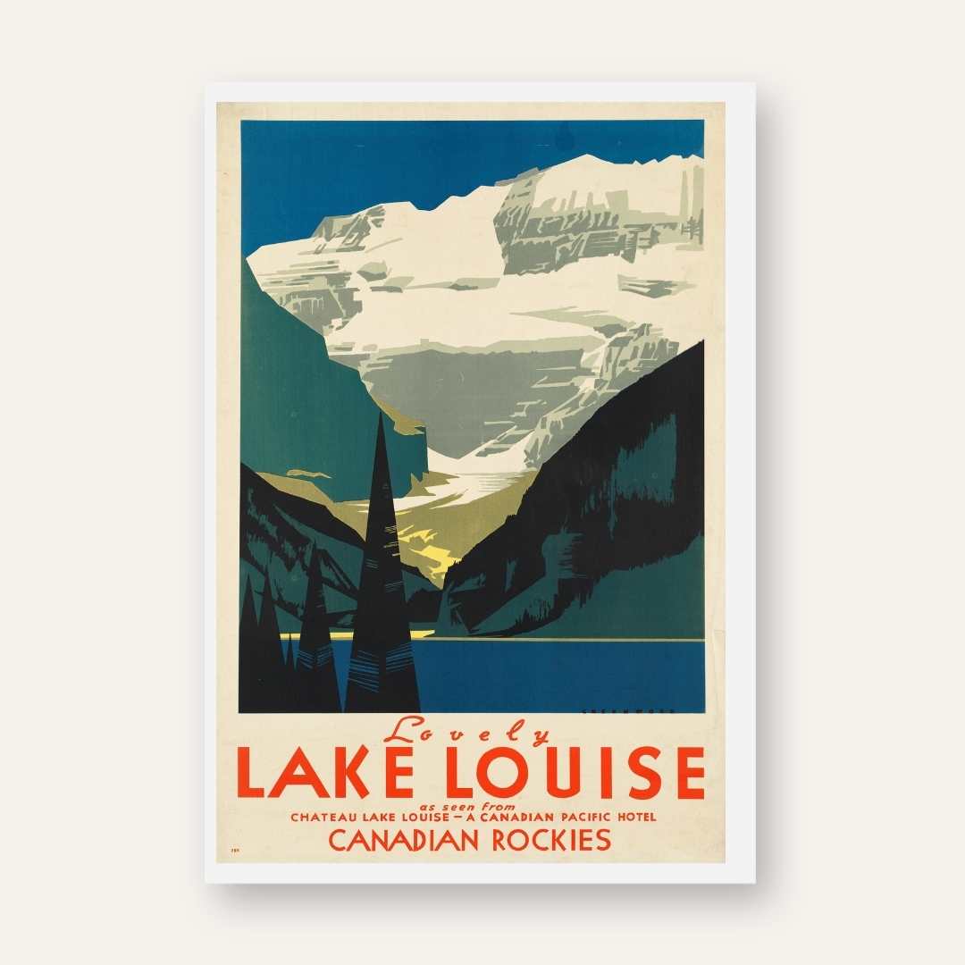Vintage "Lovely Lake Louise" Travel Poster | Vertical Retro Canadian Rockies Glacier White Framed Wall Art 2 : 3 Vertical Premium Wall Art Canvas by MeriDeewar
