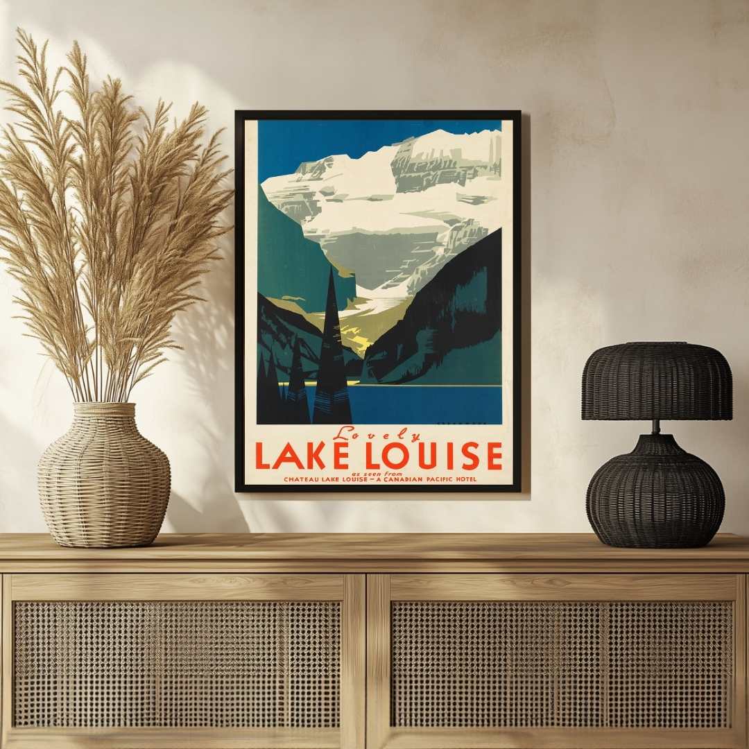 Vintage "Lovely Lake Louise" Travel Poster | Vertical Retro Canadian Rockies Glacier White Framed Wall Art 2 : 3 Vertical Premium Wall Art Canvas by MeriDeewar