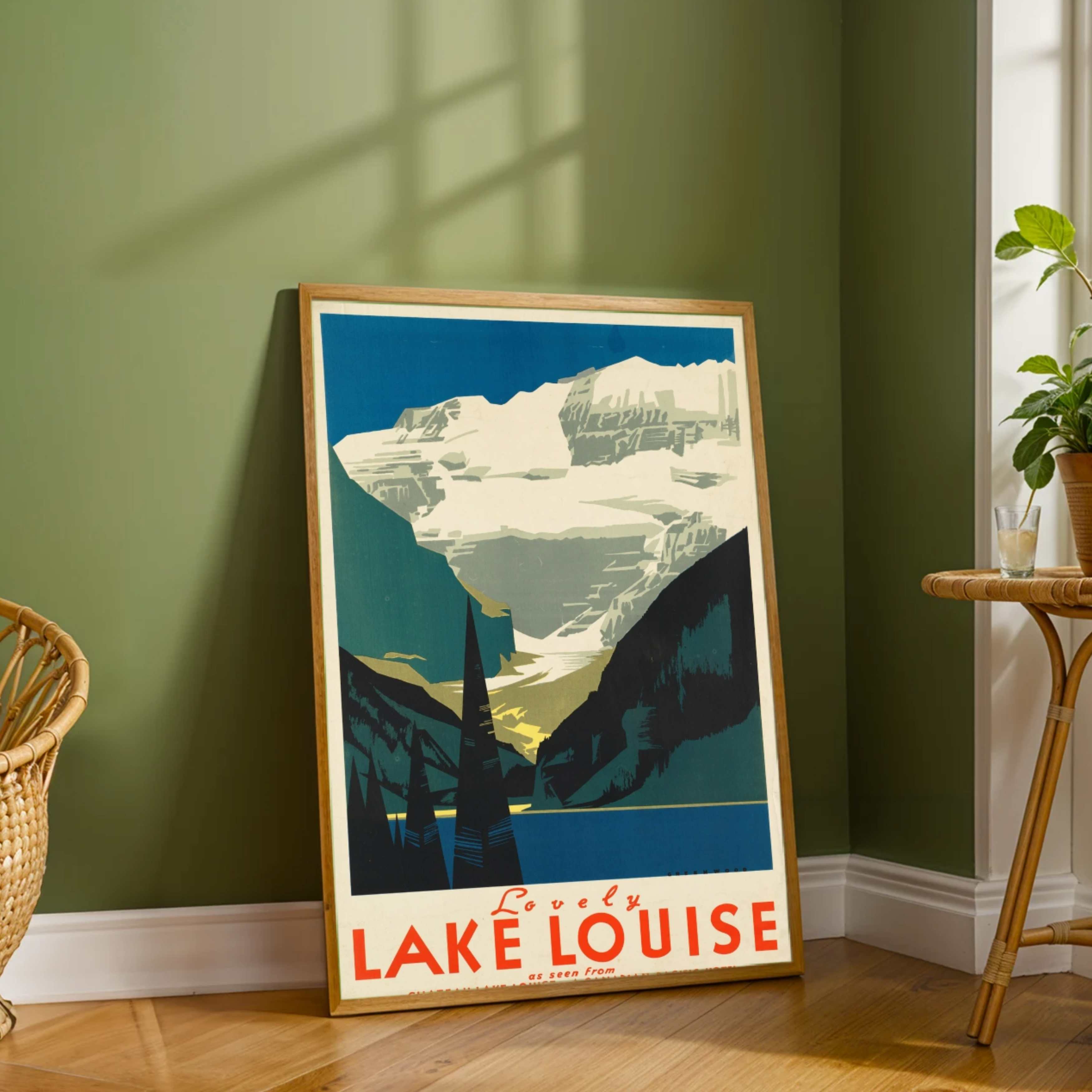 Vintage "Lovely Lake Louise" Travel Poster | Vertical Retro Canadian Rockies Glacier White Framed Wall Art 2 : 3 Vertical Premium Wall Art Canvas by MeriDeewar