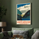Vintage "Lovely Lake Louise" Travel Poster | Vertical Retro Canadian Rockies Glacier White Framed Wall Art 2 : 3 Vertical Premium Wall Art Canvas by MeriDeewar