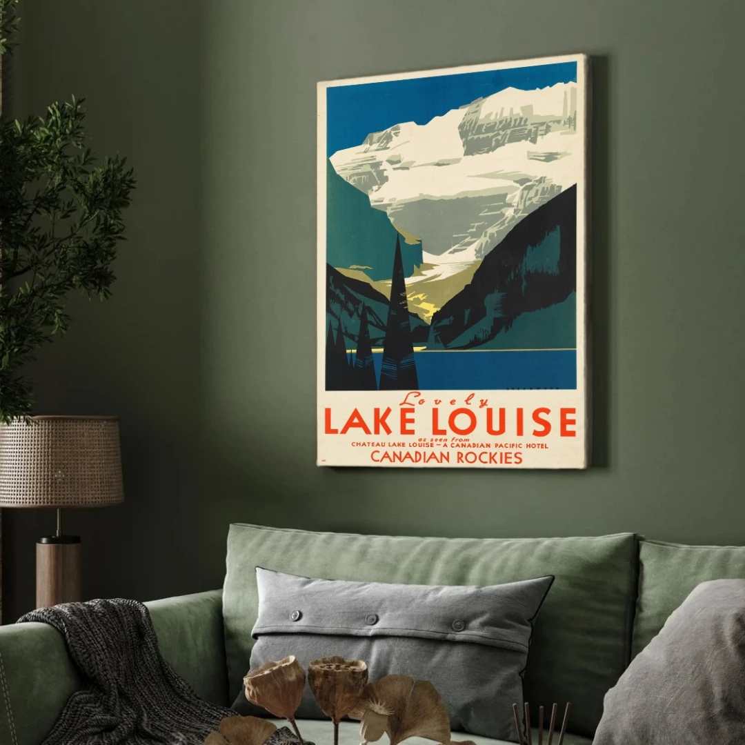 Vintage "Lovely Lake Louise" Travel Poster | Vertical Retro Canadian Rockies Glacier White Framed Wall Art 2 : 3 Vertical Premium Wall Art Canvas by MeriDeewar