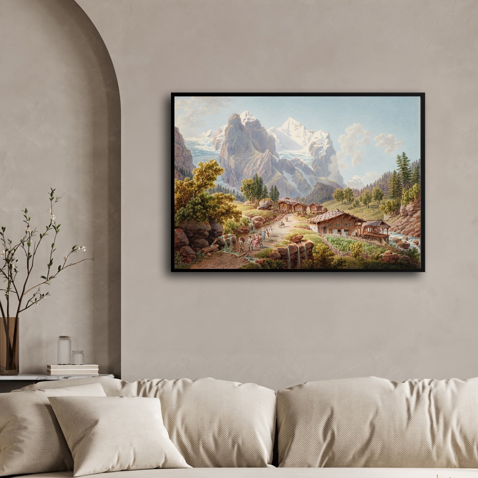 Vintage Mountain Village Landscape Art 2 : 3 Horizontal Premium Wall Art Canvas by MeriDeewar