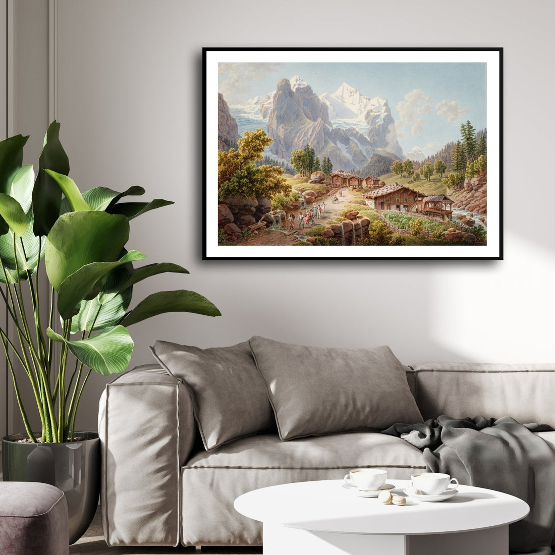 Vintage Mountain Village Landscape Art 2 : 3 Horizontal Premium Wall Art Canvas by MeriDeewar