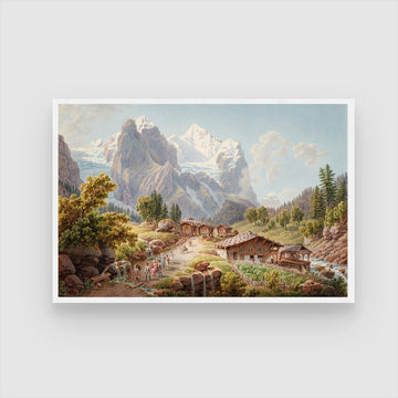 Vintage Mountain Village Landscape Art 2 : 3 Horizontal Premium Wall Art Canvas by MeriDeewar