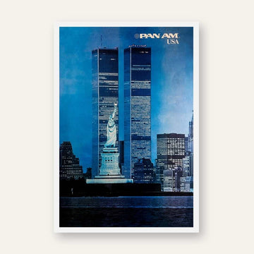 Vintage Pan Am "USA" New York Skyline Travel Poster | Vertical Retro Twin Towers & Statue of Liberty White Framed Wall Art 2 : 3 Vertical Premium Wall Art Canvas by MeriDeewar