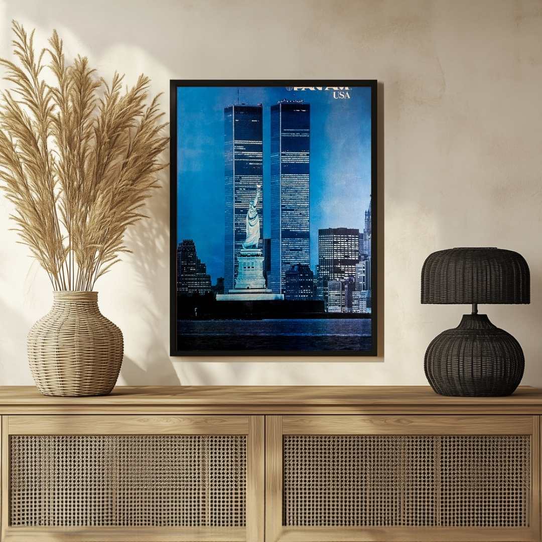 Vintage Pan Am "USA" New York Skyline Travel Poster | Vertical Retro Twin Towers & Statue of Liberty White Framed Wall Art 2 : 3 Vertical Premium Wall Art Canvas by MeriDeewar