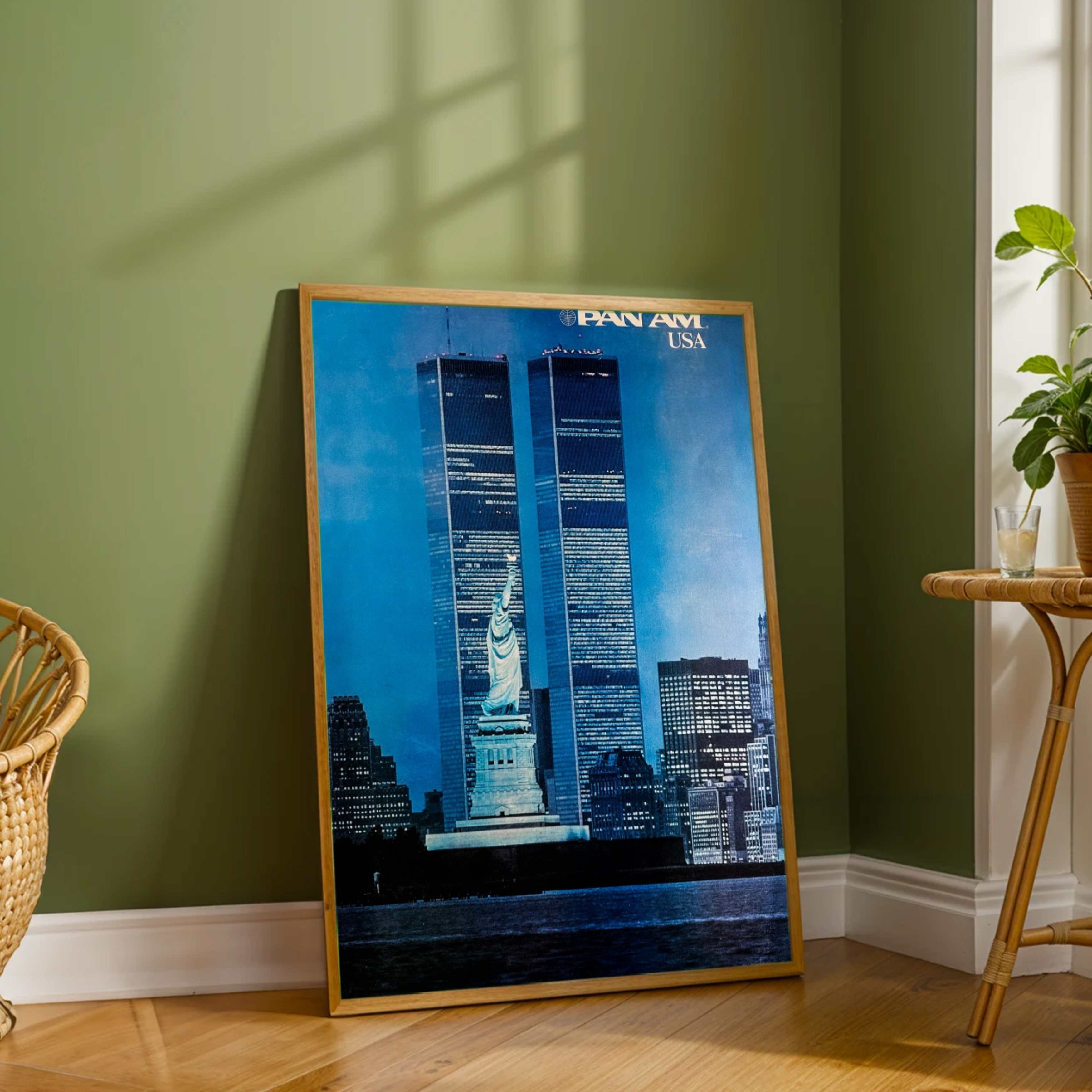 Vintage Pan Am "USA" New York Skyline Travel Poster | Vertical Retro Twin Towers & Statue of Liberty White Framed Wall Art 2 : 3 Vertical Premium Wall Art Canvas by MeriDeewar