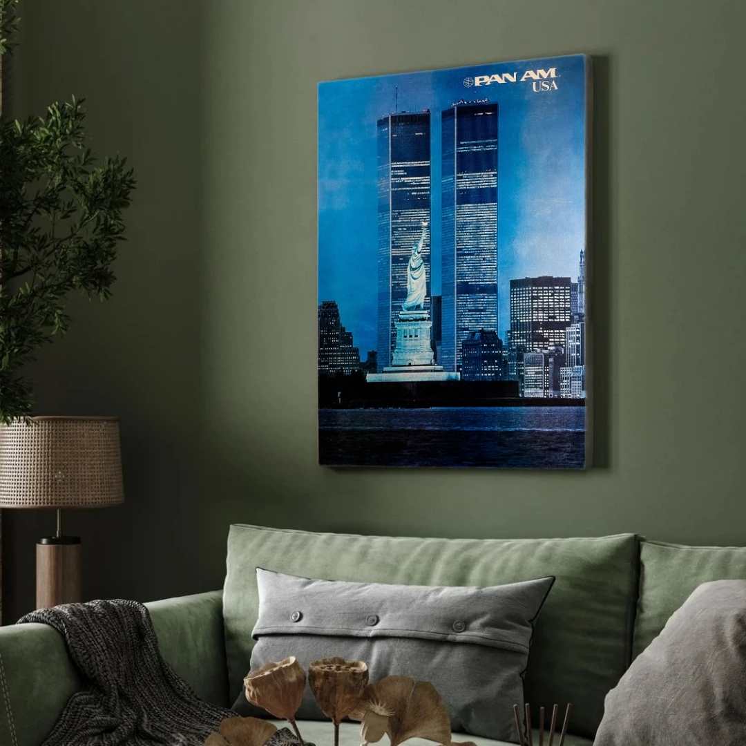 Vintage Pan Am "USA" New York Skyline Travel Poster | Vertical Retro Twin Towers & Statue of Liberty White Framed Wall Art 2 : 3 Vertical Premium Wall Art Canvas by MeriDeewar