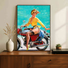 Vintage Pin-Up Girl on Motorcycle Poster | Vertical Borderless Art Frame Poster Premium Wall Art Canvas by MeriDeewar