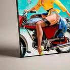 Vintage Pin-Up Girl on Motorcycle Poster | Vertical Borderless Art Frame Poster Premium Wall Art Canvas by MeriDeewar