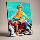 Vintage Pin-Up Girl on Motorcycle Poster | Vertical Borderless Art Frame Poster Premium Wall Art Canvas by MeriDeewar