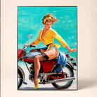 Vintage Pin-Up Girl on Motorcycle Poster | Vertical Borderless Art Frame Poster Premium Wall Art Canvas by MeriDeewar