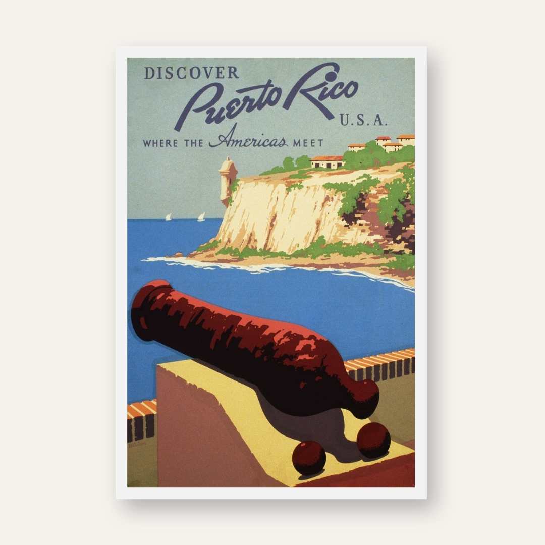 Vintage "Puerto Rico" Travel Poster | Vertical Retro Coastal Fort & Cannon White Framed Wall Art 2 : 3 Vertical Premium Wall Art Canvas by MeriDeewar