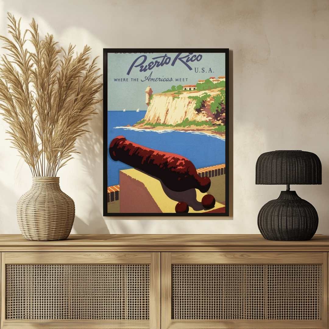 Vintage "Puerto Rico" Travel Poster | Vertical Retro Coastal Fort & Cannon White Framed Wall Art 2 : 3 Vertical Premium Wall Art Canvas by MeriDeewar
