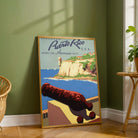 Vintage "Puerto Rico" Travel Poster | Vertical Retro Coastal Fort & Cannon White Framed Wall Art 2 : 3 Vertical Premium Wall Art Canvas by MeriDeewar