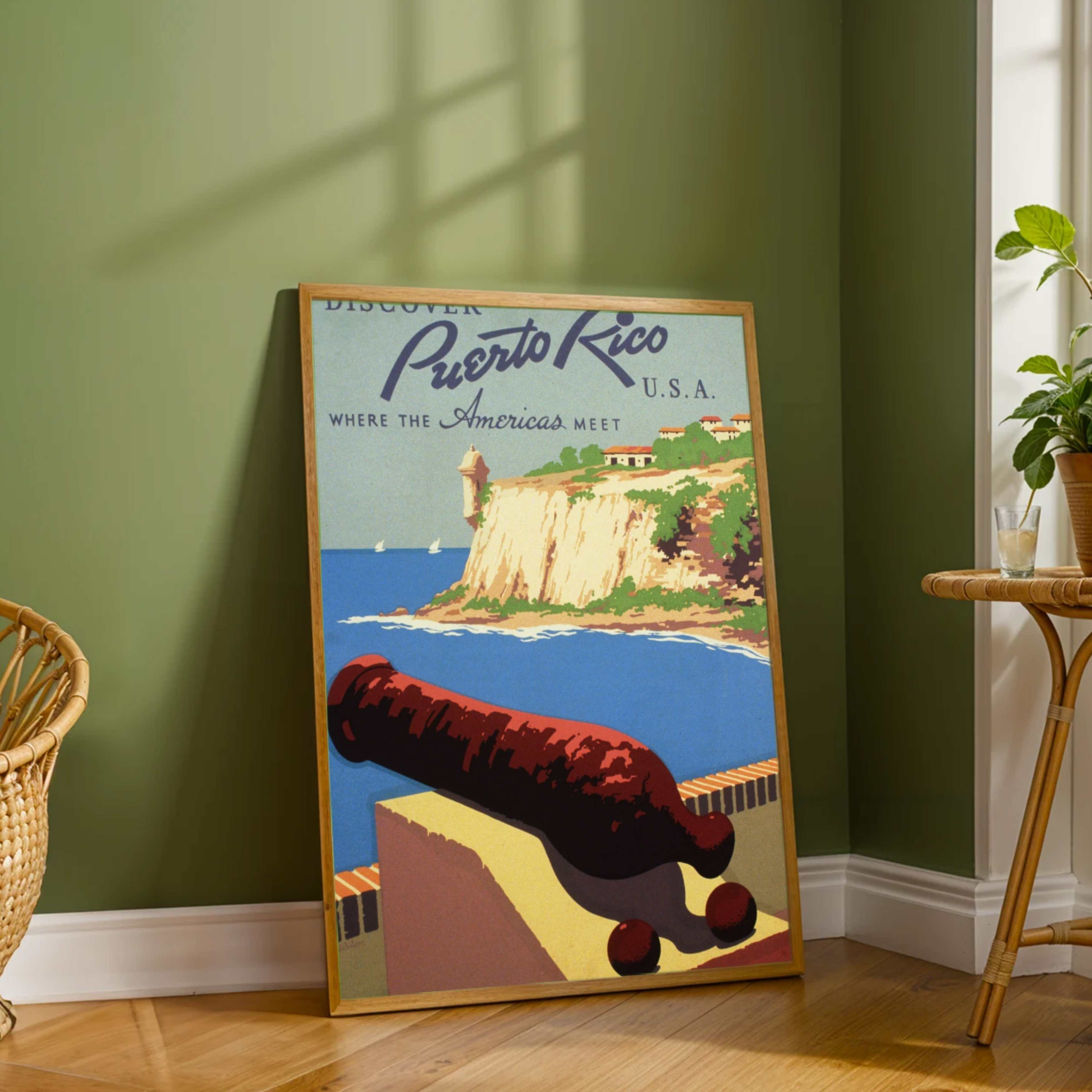 Vintage "Puerto Rico" Travel Poster | Vertical Retro Coastal Fort & Cannon White Framed Wall Art 2 : 3 Vertical Premium Wall Art Canvas by MeriDeewar