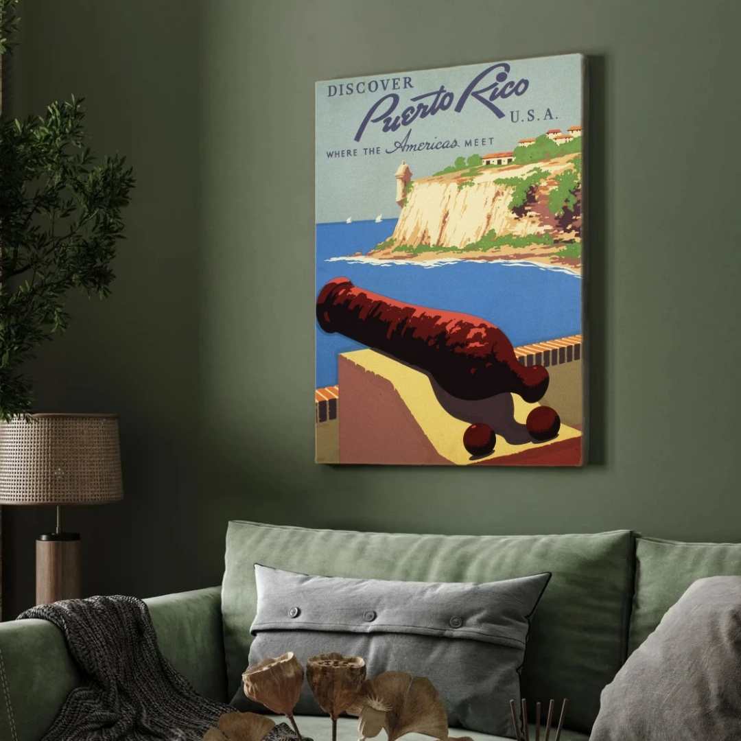 Vintage "Puerto Rico" Travel Poster | Vertical Retro Coastal Fort & Cannon White Framed Wall Art 2 : 3 Vertical Premium Wall Art Canvas by MeriDeewar