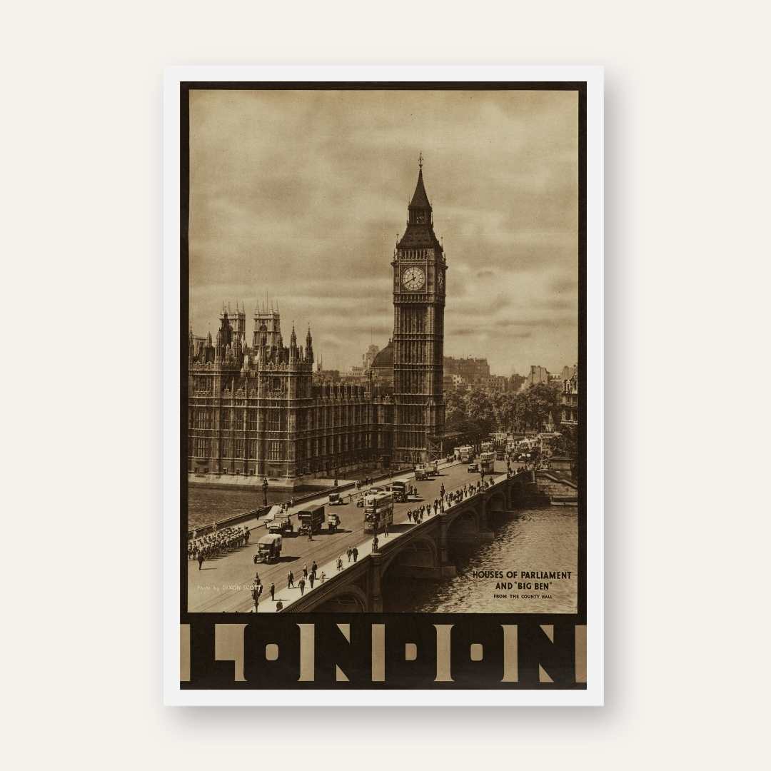 Vintage Retro Big Ben & Westminster Bridge Travel Poster | Vertical  White Framed Wall Art 2 : 3 Vertical Premium Wall Art Canvas by MeriDeewar