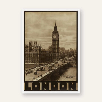 Vintage Retro Big Ben & Westminster Bridge Travel Poster | Vertical  White Framed Wall Art 2 : 3 Vertical Premium Wall Art Canvas by MeriDeewar