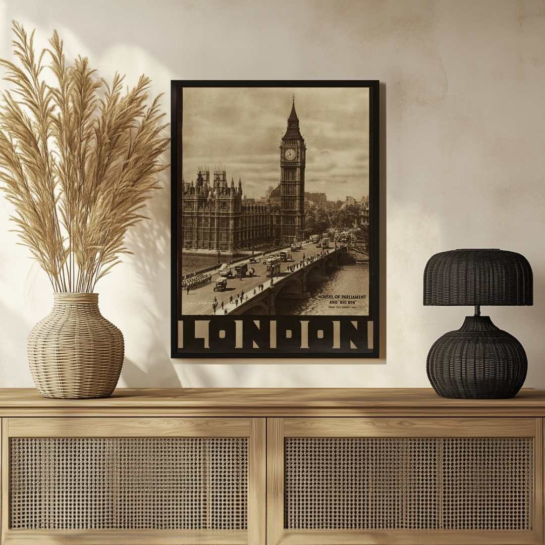 Vintage Retro Big Ben & Westminster Bridge Travel Poster | Vertical  White Framed Wall Art 2 : 3 Vertical Premium Wall Art Canvas by MeriDeewar