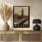 Vintage Retro Big Ben & Westminster Bridge Travel Poster | Vertical  White Framed Wall Art 2 : 3 Vertical Premium Wall Art Canvas by MeriDeewar
