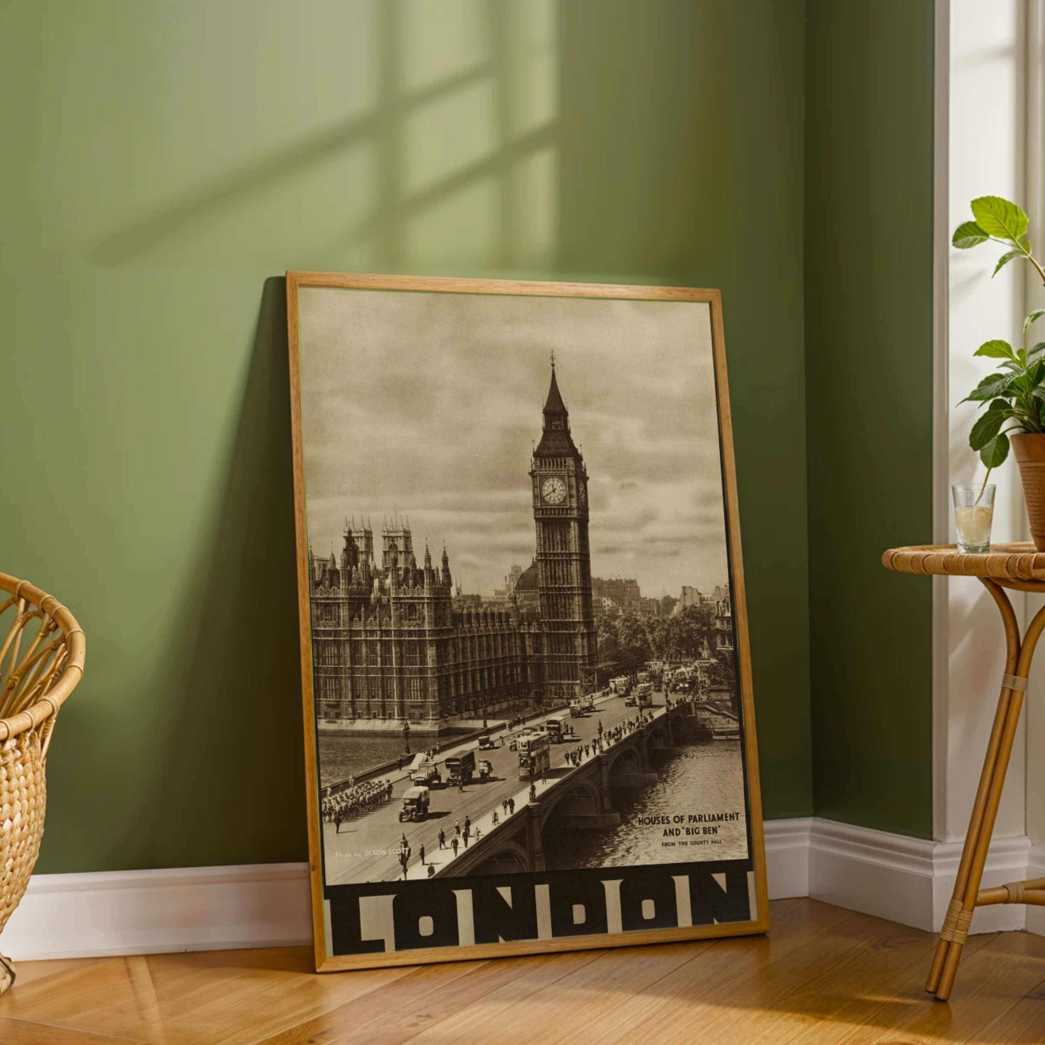 Vintage Retro Big Ben & Westminster Bridge Travel Poster | Vertical  White Framed Wall Art 2 : 3 Vertical Premium Wall Art Canvas by MeriDeewar