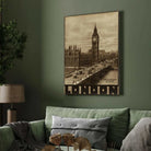 Vintage Retro Big Ben & Westminster Bridge Travel Poster | Vertical  White Framed Wall Art 2 : 3 Vertical Premium Wall Art Canvas by MeriDeewar
