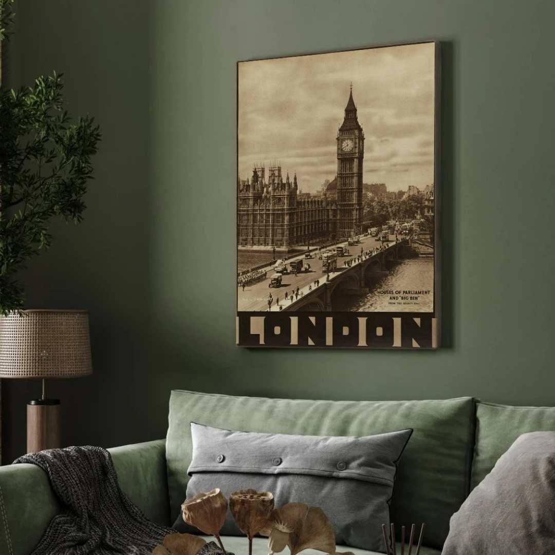 Vintage Retro Big Ben & Westminster Bridge Travel Poster | Vertical  White Framed Wall Art 2 : 3 Vertical Premium Wall Art Canvas by MeriDeewar