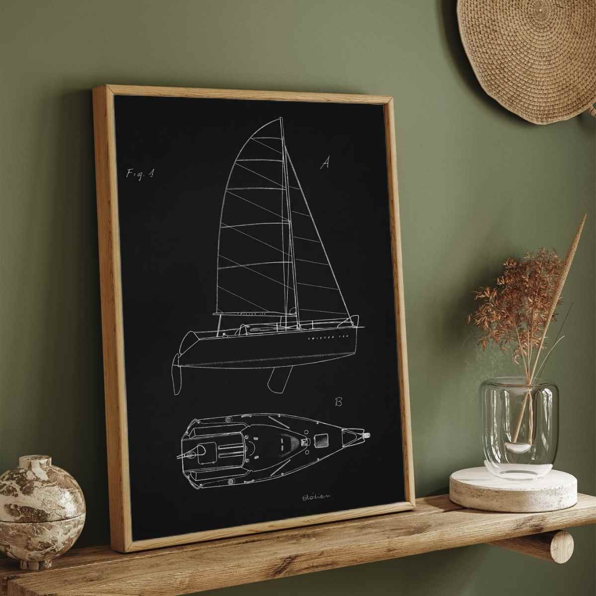 Vintage  Sailboat Blueprint Patent Print | Vertical Chalkboard Framed Wall Art 2 : 3 Vertical Premium Wall Art Canvas by MeriDeewar