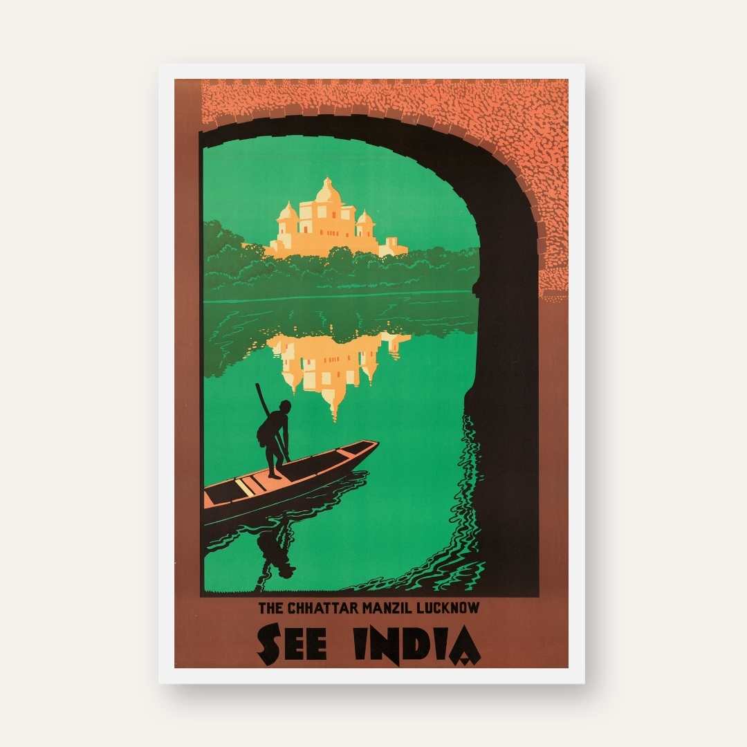Vintage "See India" Chhattar Manzil Lucknow Travel Poster | Vertical Retro Archway & River Silhouette White Framed Wall Art 2 : 3 Vertical Premium Wall Art Canvas by MeriDeewar