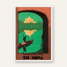 Vintage "See India" Chhattar Manzil Lucknow Travel Poster | Vertical Retro Archway & River Silhouette White Framed Wall Art 2 : 3 Vertical Premium Wall Art Canvas by MeriDeewar