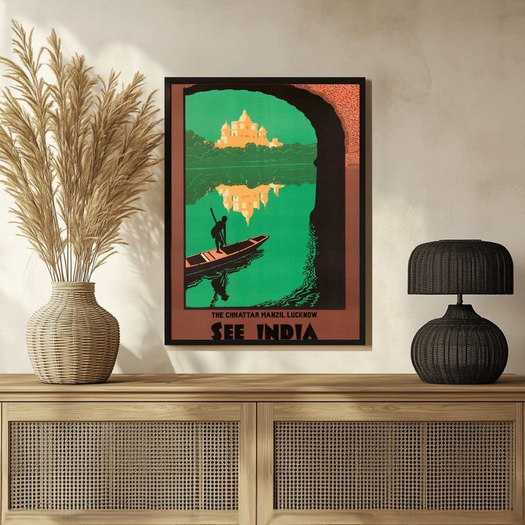 Vintage "See India" Chhattar Manzil Lucknow Travel Poster | Vertical Retro Archway & River Silhouette White Framed Wall Art 2 : 3 Vertical Premium Wall Art Canvas by MeriDeewar