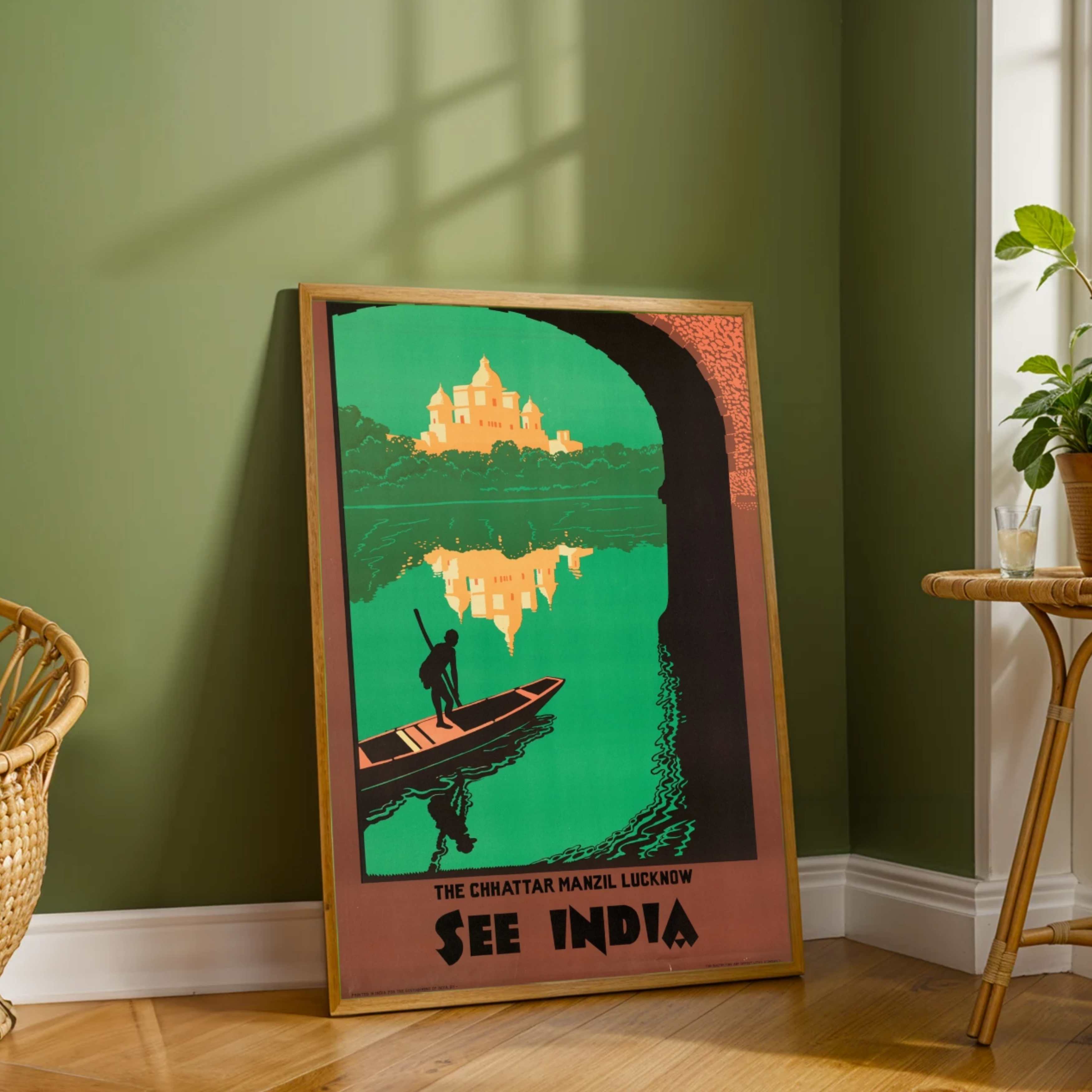 Vintage "See India" Chhattar Manzil Lucknow Travel Poster | Vertical Retro Archway & River Silhouette White Framed Wall Art 2 : 3 Vertical Premium Wall Art Canvas by MeriDeewar