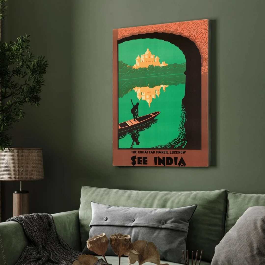 Vintage "See India" Chhattar Manzil Lucknow Travel Poster | Vertical Retro Archway & River Silhouette White Framed Wall Art 2 : 3 Vertical Premium Wall Art Canvas by MeriDeewar