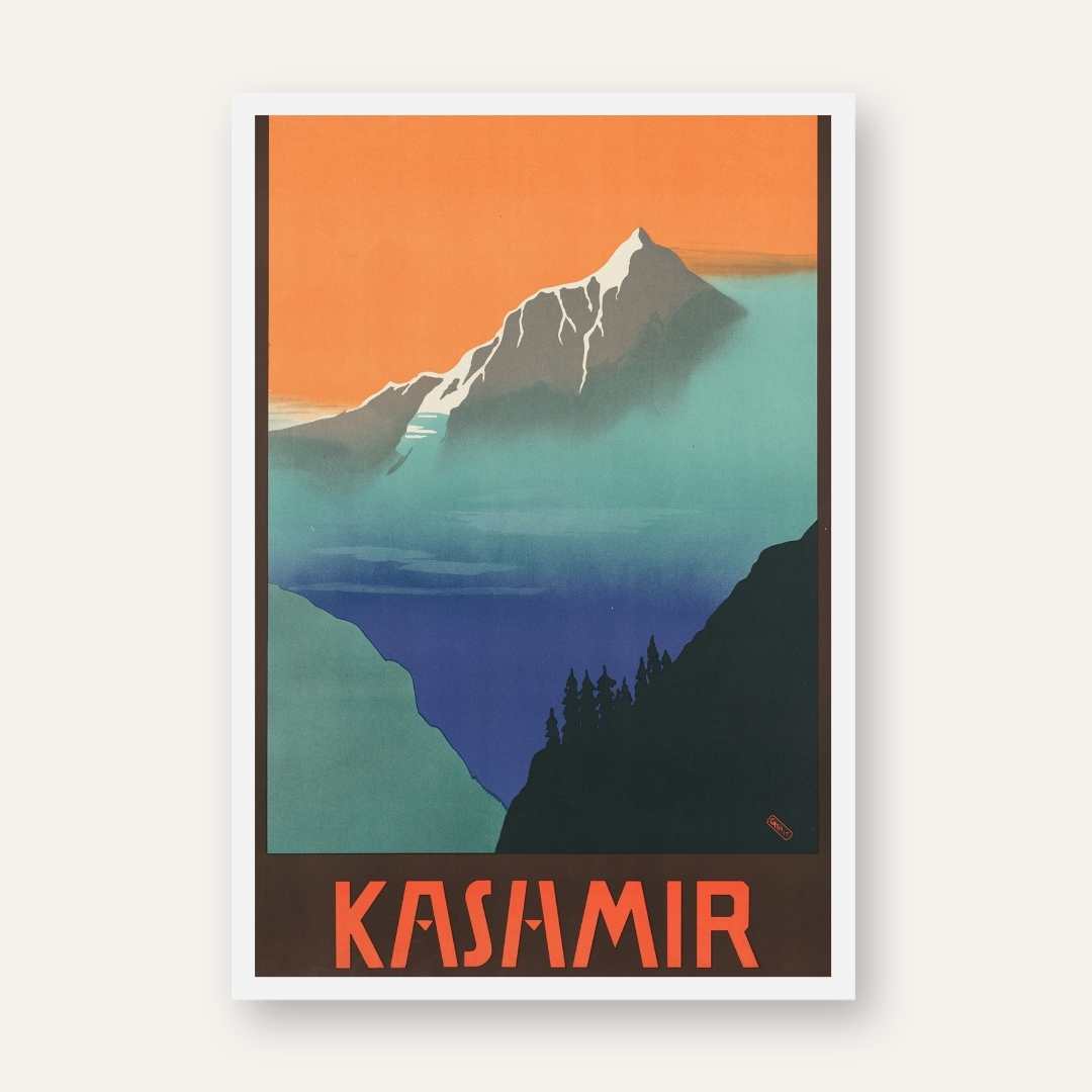Vintage "See India" Kashmir Travel Poster | Vertical Retro Misty Himalayan Mountains White Framed Wall Art 2 : 3 Vertical Premium Wall Art Canvas by MeriDeewar