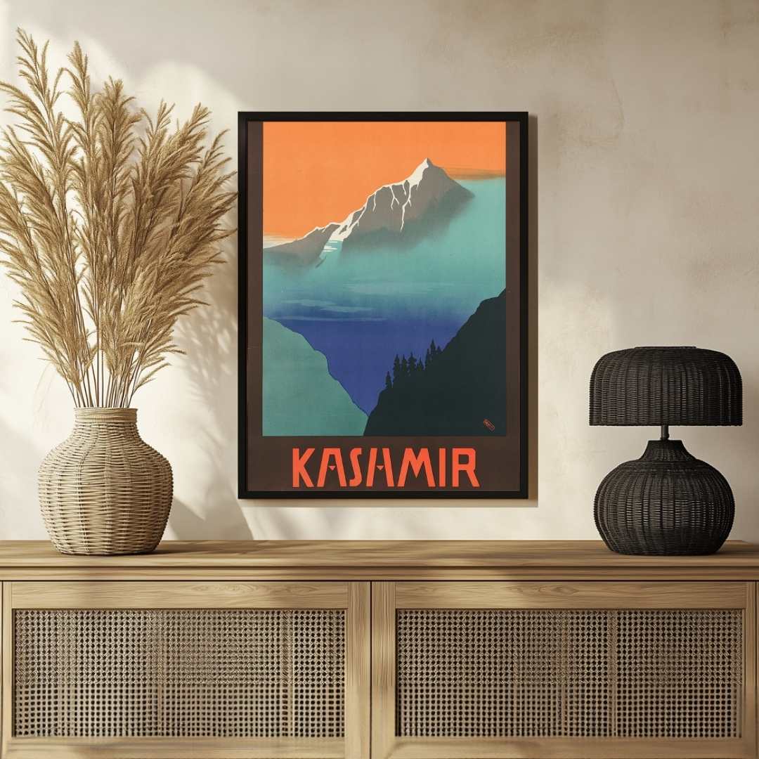 Vintage "See India" Kashmir Travel Poster | Vertical Retro Misty Himalayan Mountains White Framed Wall Art 2 : 3 Vertical Premium Wall Art Canvas by MeriDeewar