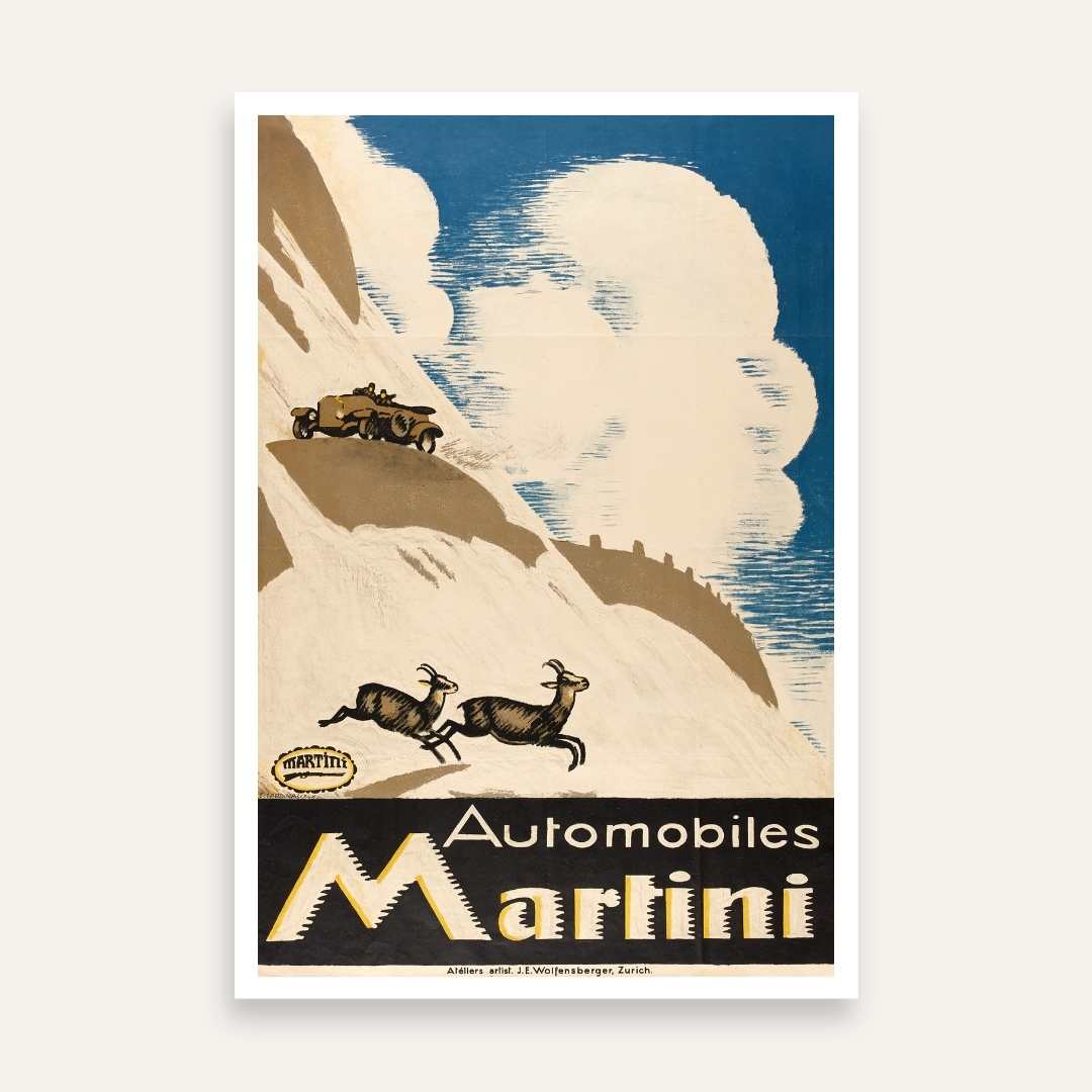 Vintage Swiss Automobiles Martini Alpine Mountain Illustration Poster | Vertical Retro White Framed Wall Art 2 : 3 Vertical Premium Wall Art Canvas by MeriDeewar