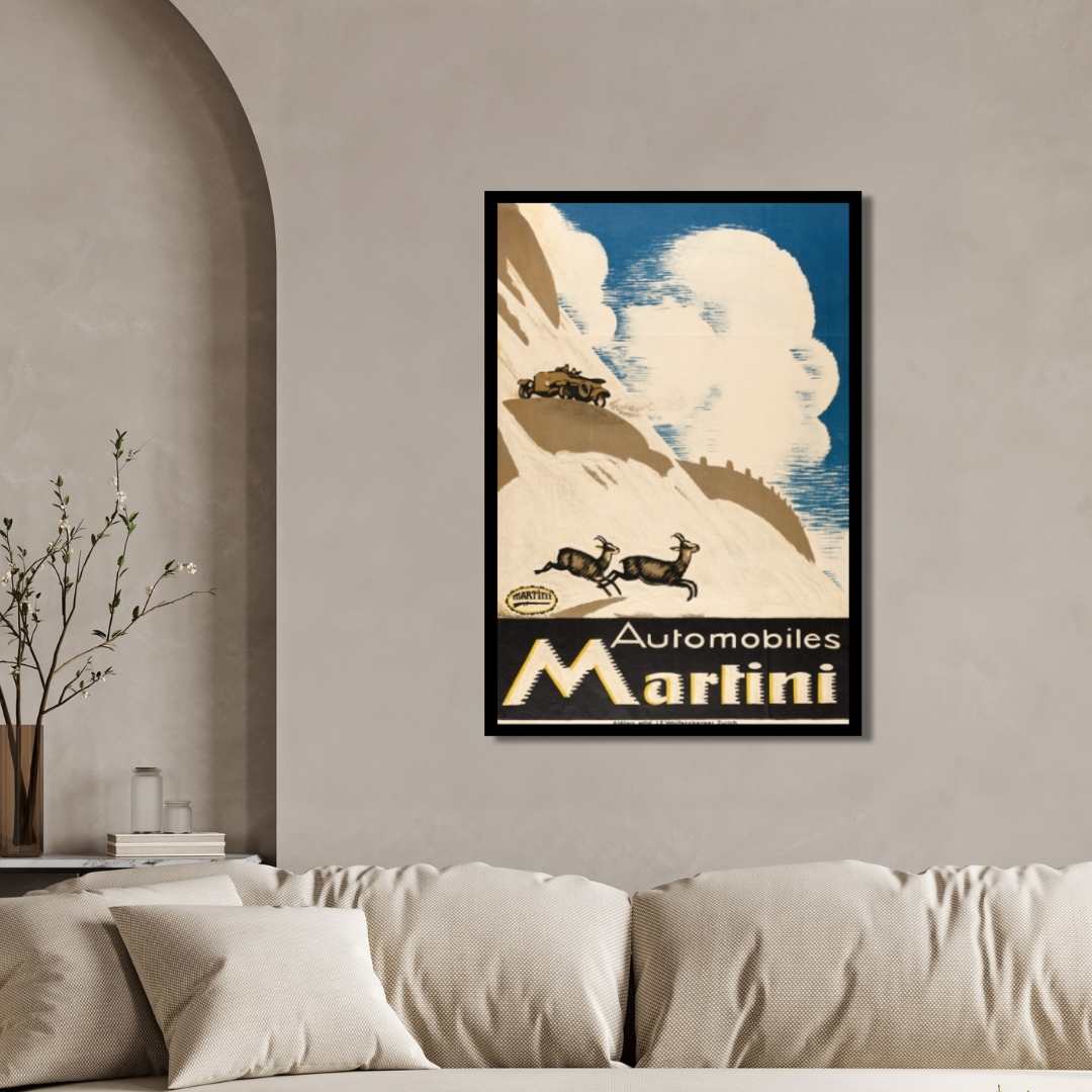 Vintage Swiss Automobiles Martini Alpine Mountain Illustration Poster | Vertical Retro White Framed Wall Art 2 : 3 Vertical Premium Wall Art Canvas by MeriDeewar