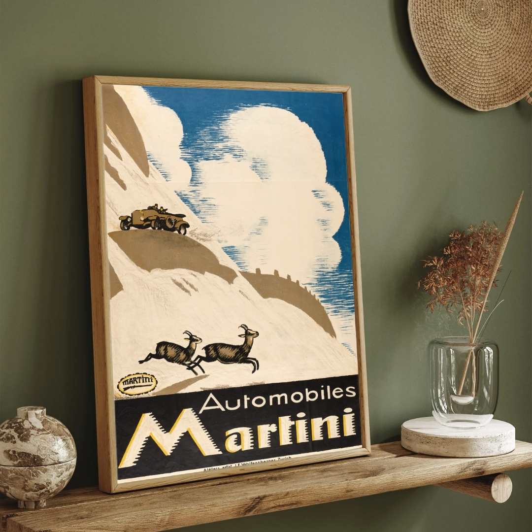 Vintage Swiss Automobiles Martini Alpine Mountain Illustration Poster | Vertical Retro White Framed Wall Art 2 : 3 Vertical Premium Wall Art Canvas by MeriDeewar