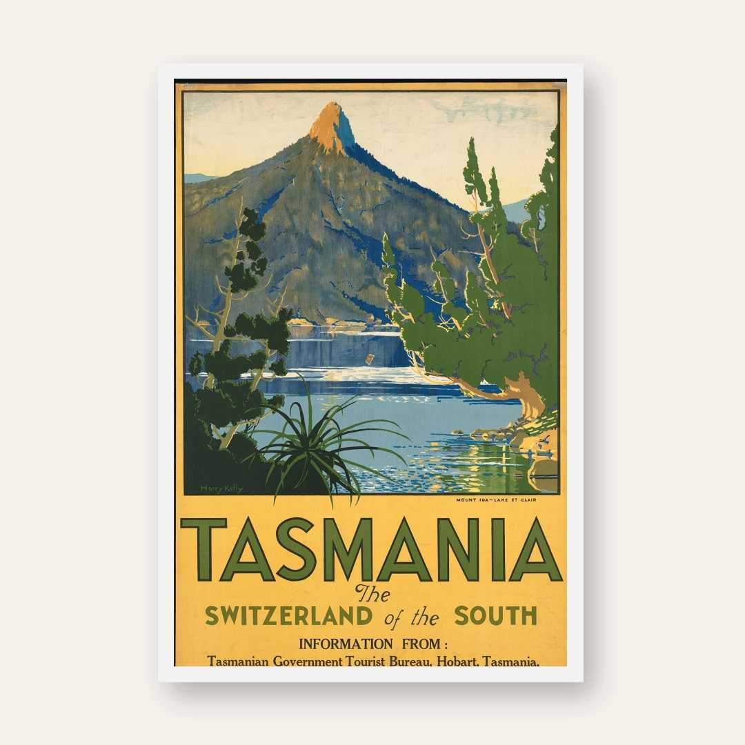 Vintage "Tasmania: The Switzerland of the South" Travel Poster | Vertical Retro Mount Ida & Lake St Clair White Framed Wall Art 2 : 3 Vertical Premium Wall Art Canvas by MeriDeewar